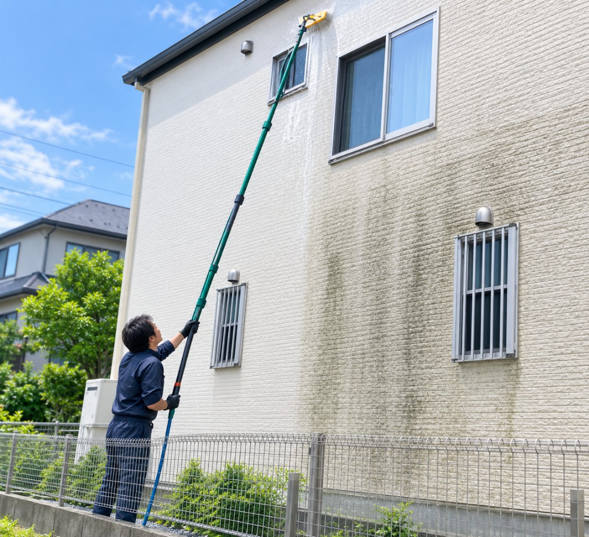 伸縮ポールのブラシで住宅の外壁を洗浄している作業風景